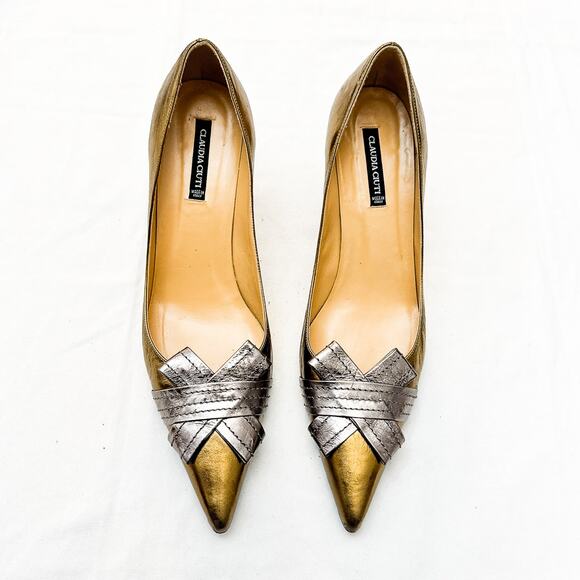 Claudia Ciuti Pointy Toe Metallic Gold Silver Accented Leather Heels Size 8.5 - Picture 1 of 5